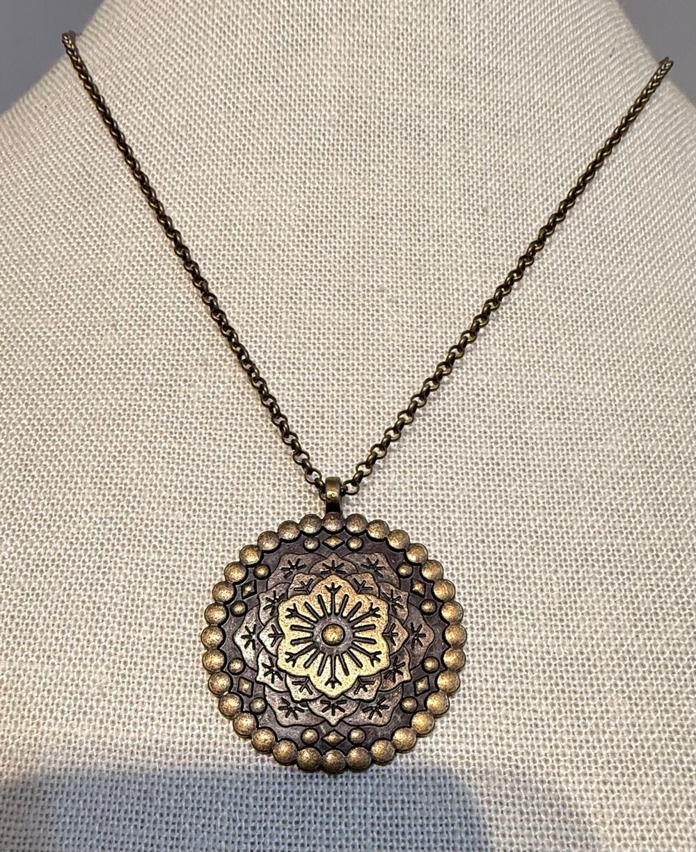 Vintage Bronze Tone Mandala Medallion Necklace 18” + 2.5”